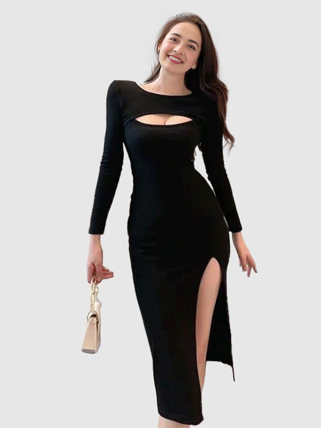 Outzidr Women Solid Slits Details Bodycon Maxi Dress-picture-23