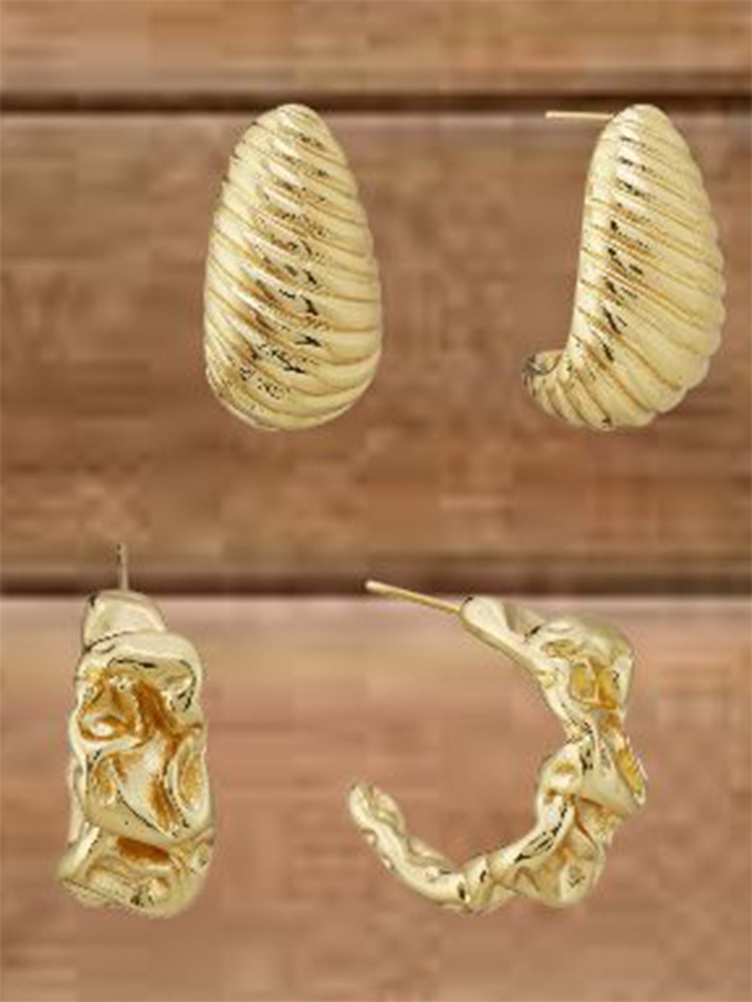 ATIBELLE Set Of 2 Gold-Plated Contemporary Shaped Textured Studs