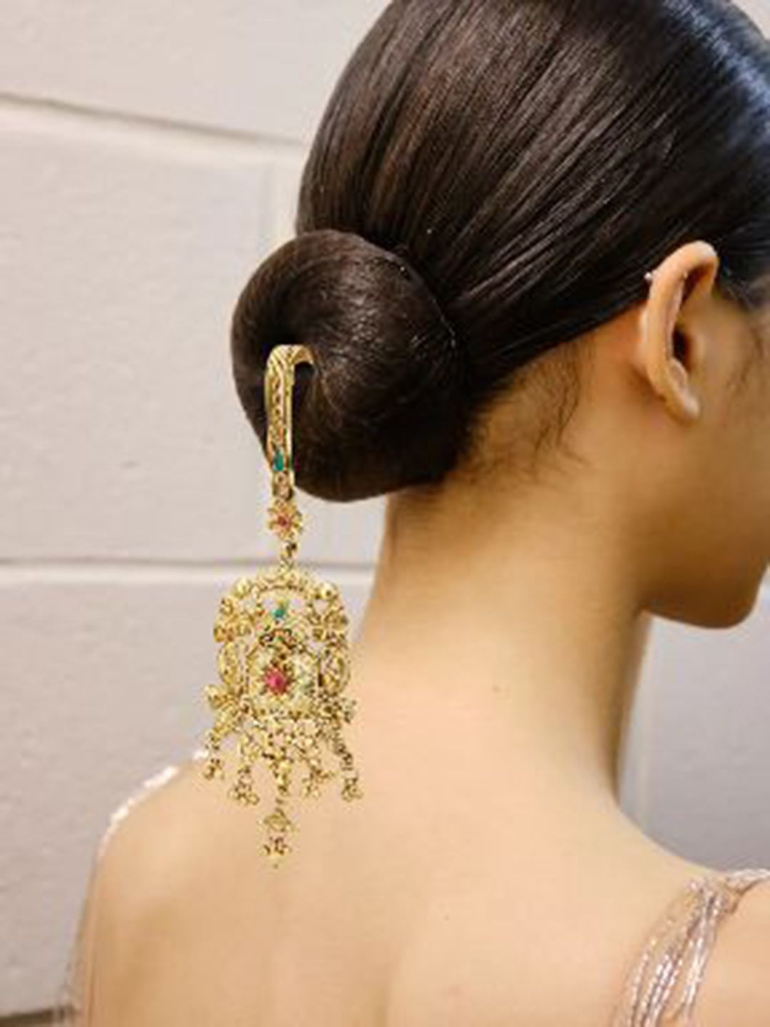 ATIBELLE Gold-Plated Artificial Stones Studded And Beaded Floral Shaped Bun Pin