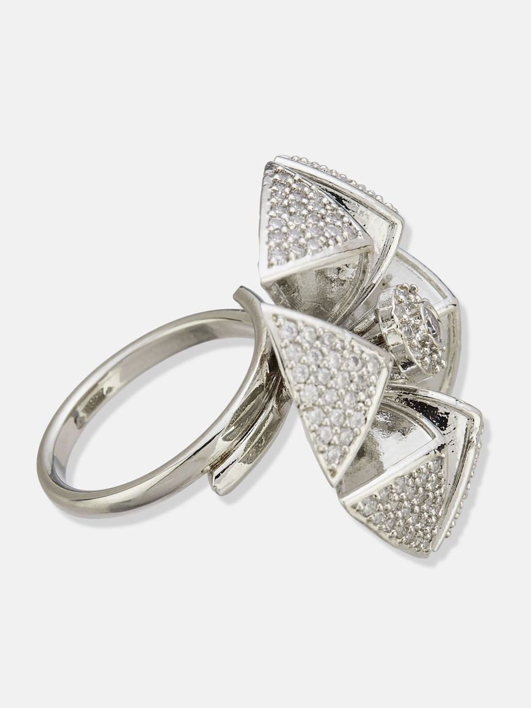 ATIBELLE Set Of 2 Silver-Plated Cubic Zirconia Stone Studded adjustable Finger Ring