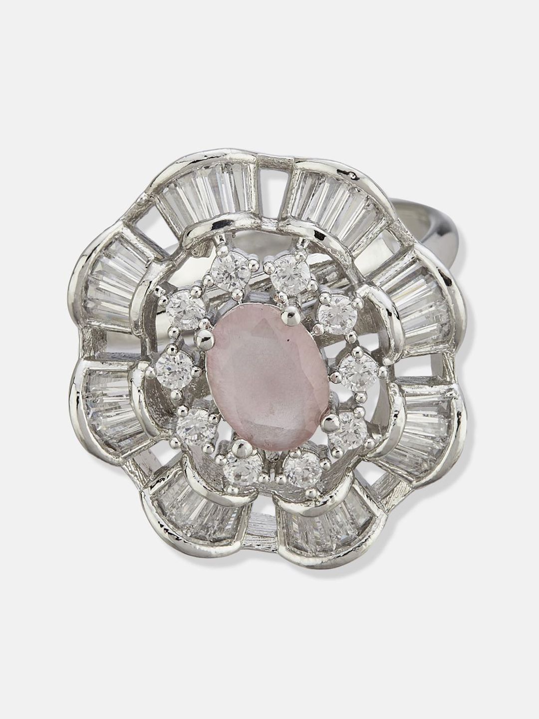 ATIBELLE Set Of 2 Silver-Plated Cubic Zirconia Stone Studded Adjustable Finger Ring