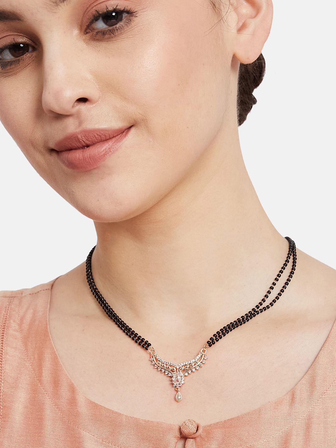 ATIBELLE Set of 2 Rose Gold-Plated Cubic Zirconia Stones Studded and Beaded Mangalsutras