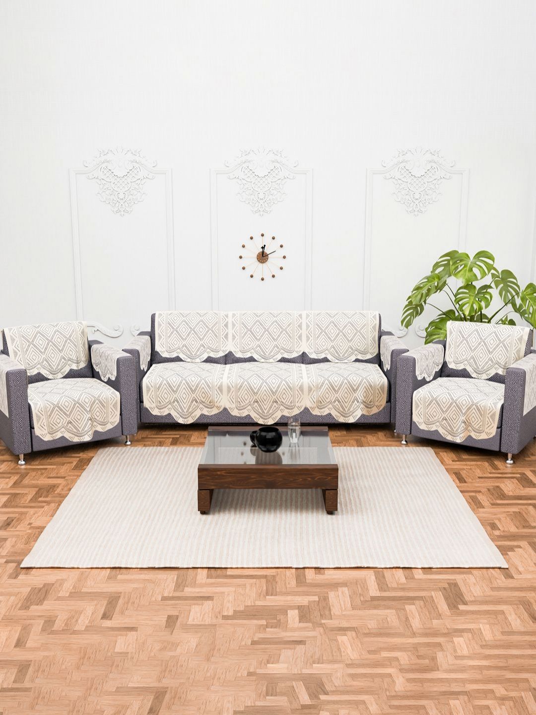 Myntra Elegant Homes Cream-Coloured & Black Cotton Sofa Cover With Arms-picture-18