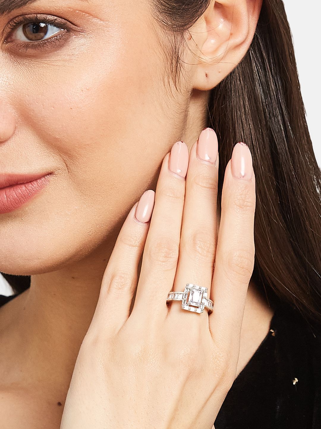 ATIBELLE Set Of 2 Silver-Plated Cubic Zirconia Stone Studded Adjustable Finger Ring