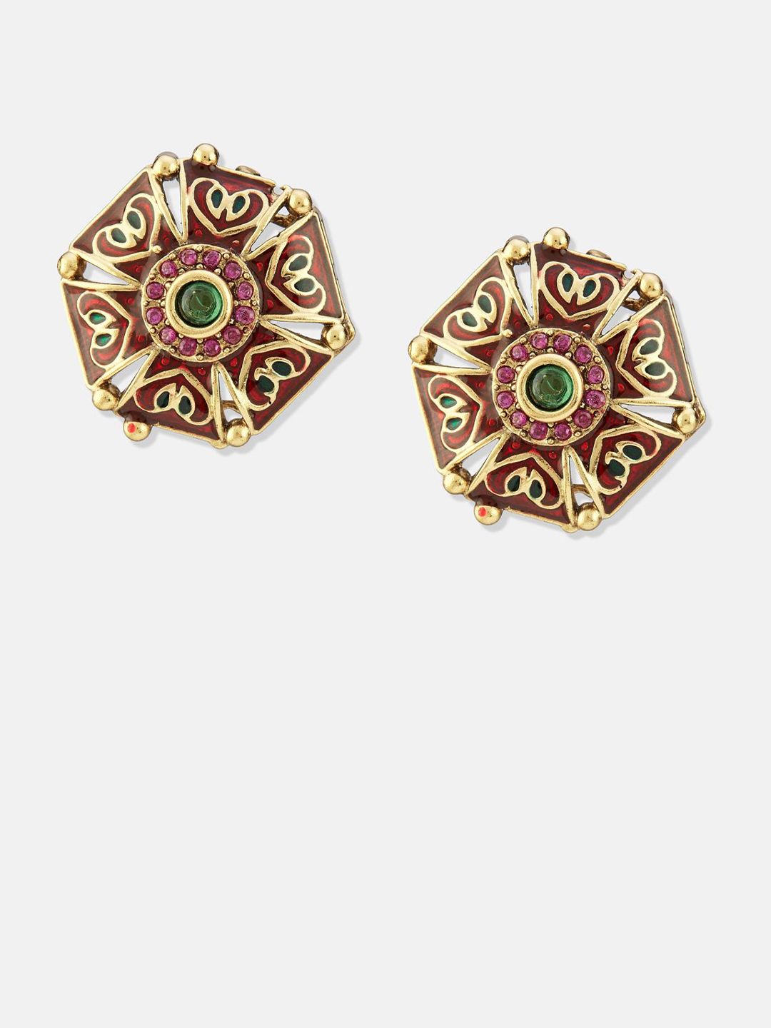 ATIBELLE Set Of 2 Gold-Plated Cubic Zirconia Studded Floral Shaped Meenakari Studs