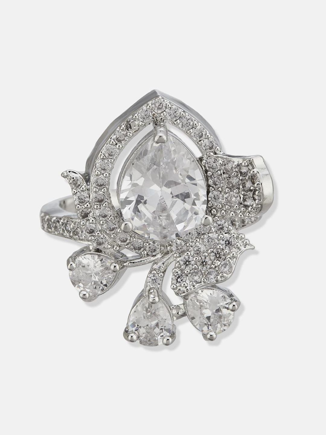 ATIBELLE Set Of 2 Silver-Plated Cubic Zirconia Stone Studded Adjustable Finger Ring