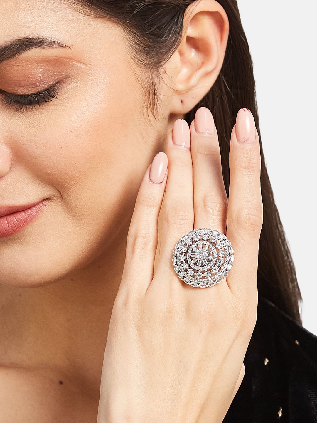 ATIBELLE Set Of 2 Silver-Plated & Rose Gold-Plated Cubic Zirconia Studded Adjustable Ring