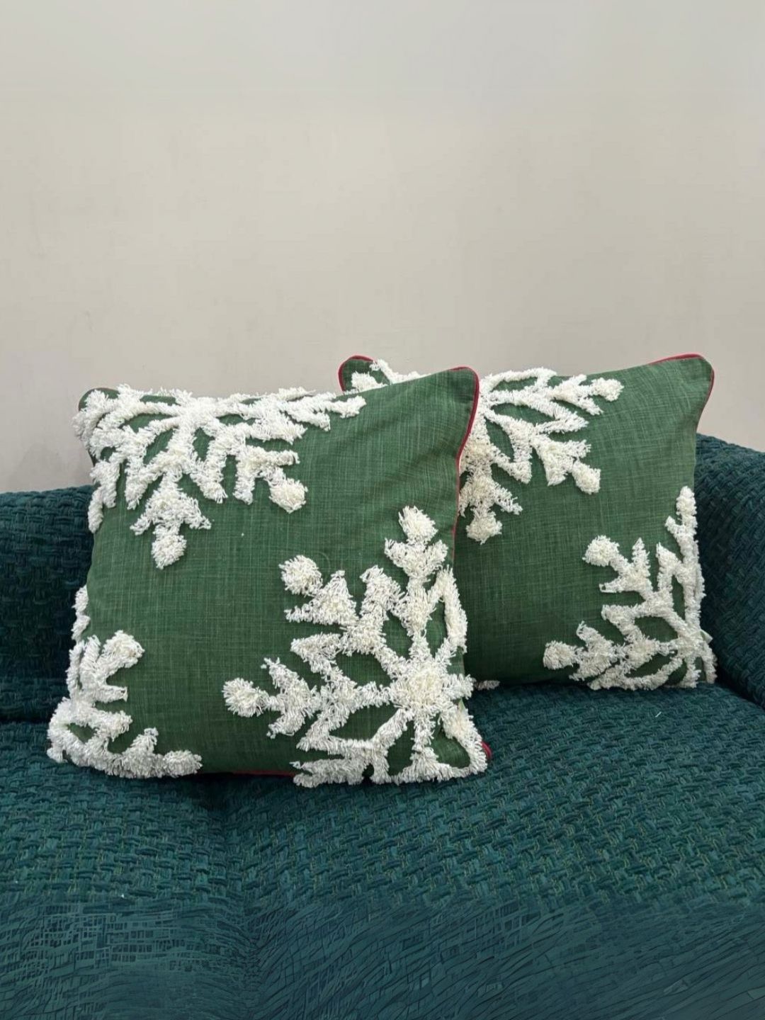 LUSHLYF Green & White 2 Pieces Embroidered Cotton Square Cushion Covers-picture-27