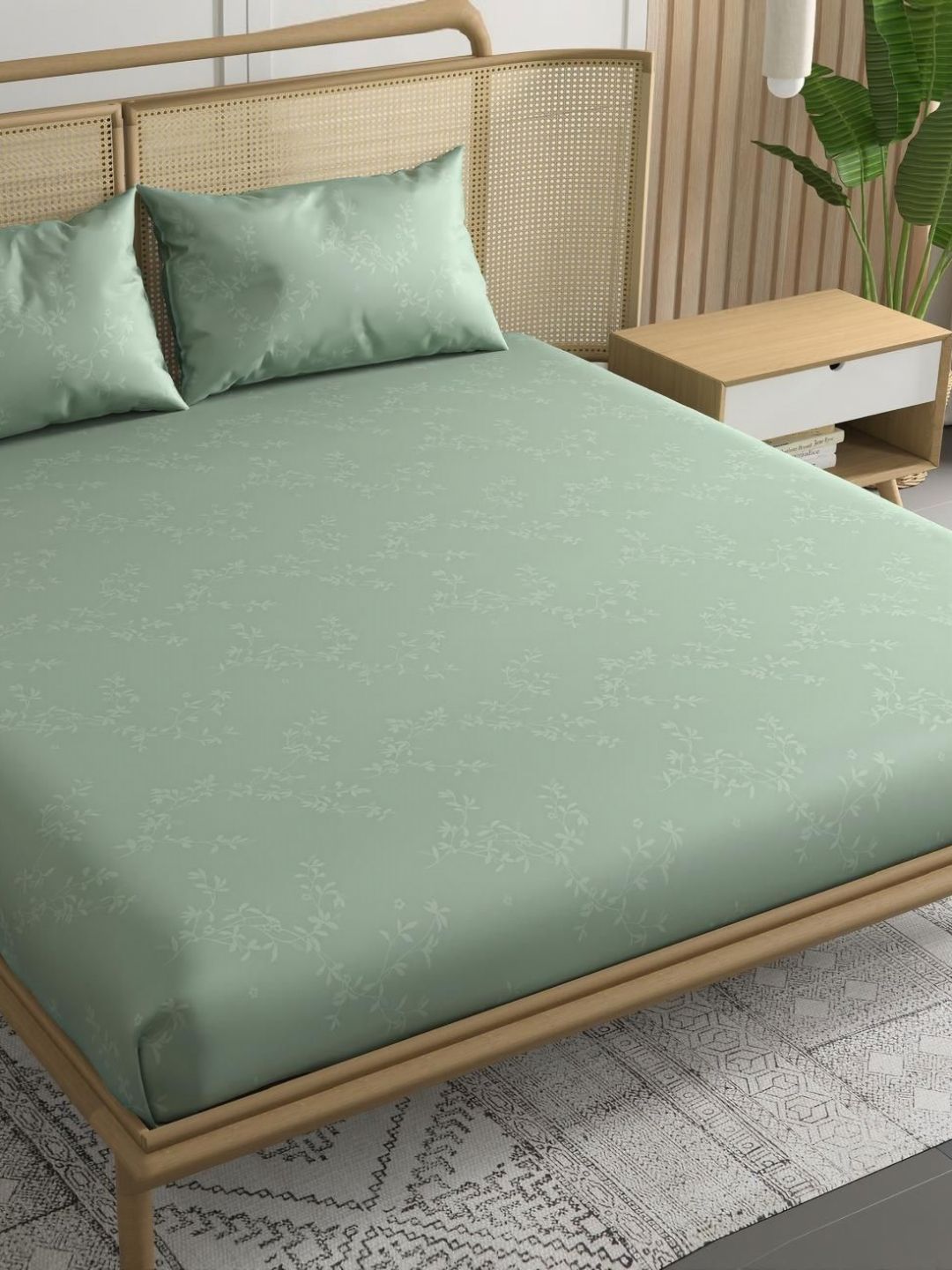 Trance Home Linen Green Floral 300 TC Egyptian Cotton Single Bedsheet with 1 Pillow Covers-picture-42