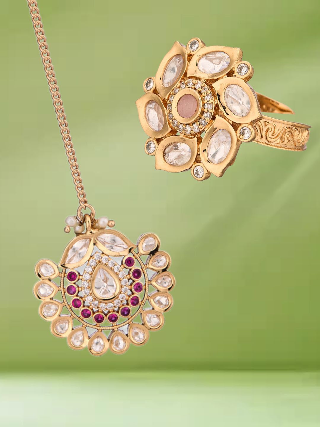 ATIBELLE Rose Gold Plated Kundan Stone Studded Jewellery Set