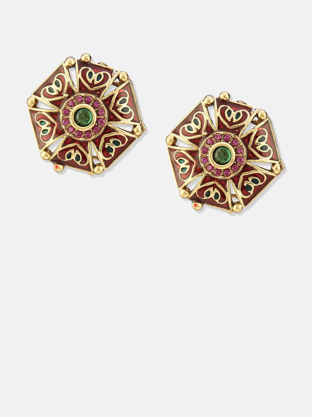 ATIBELLE Set Of 2 Gold-Plated Cubic Zirconia Studded Floral Shaped Meenakari Studs