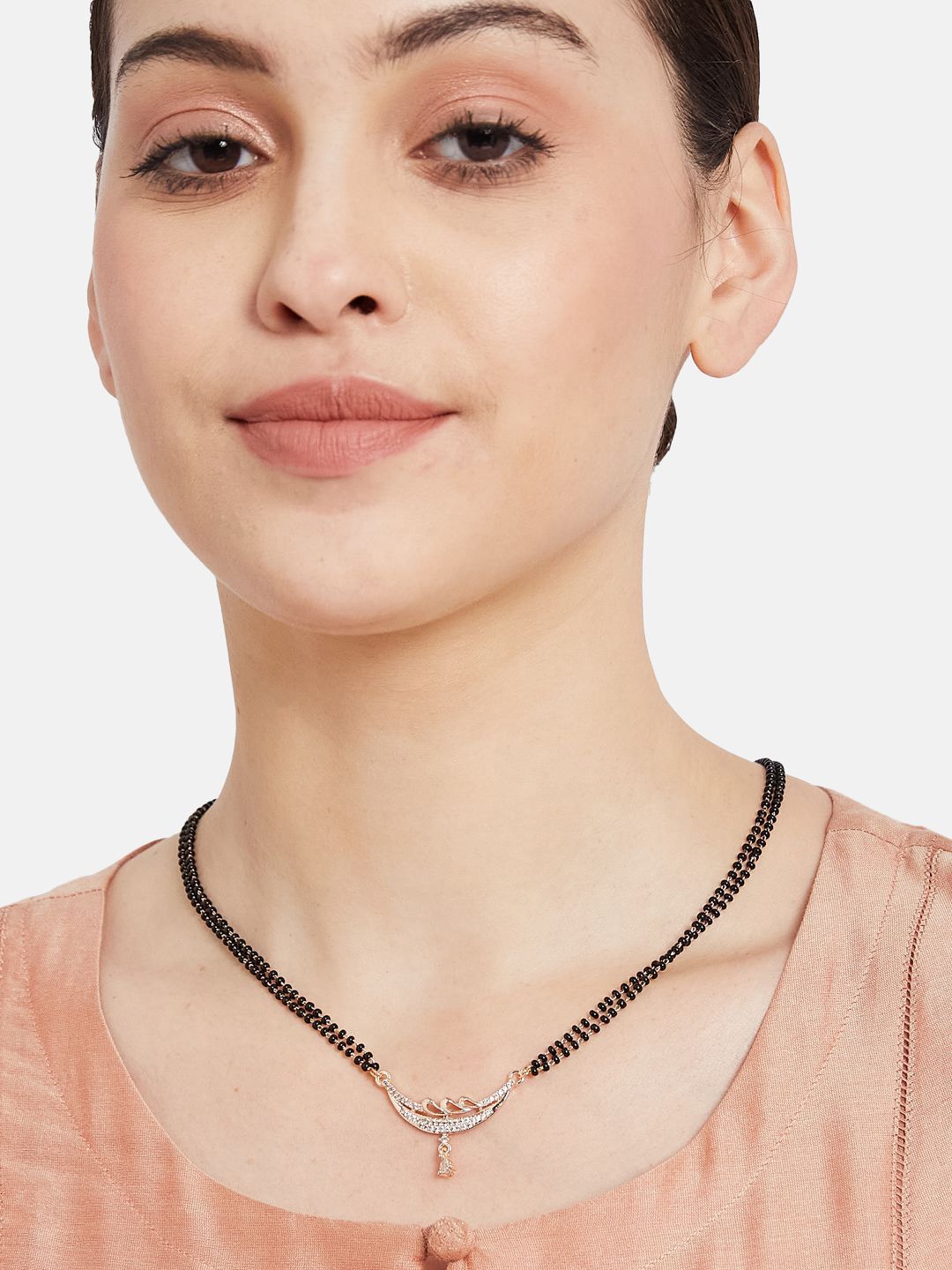 ATIBELLE Set of 2 Rose Gold-Plated Cubic Zirconia Stones Studded and Beaded Mangalsutras