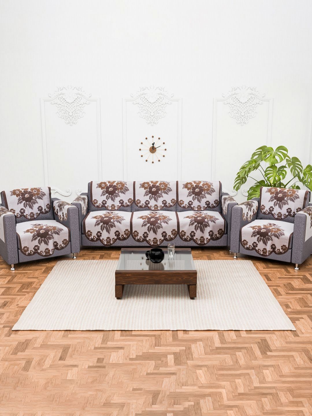 Myntra Elegant Homes White & Brown Cotton Sofa Cover With Arms-picture-39
