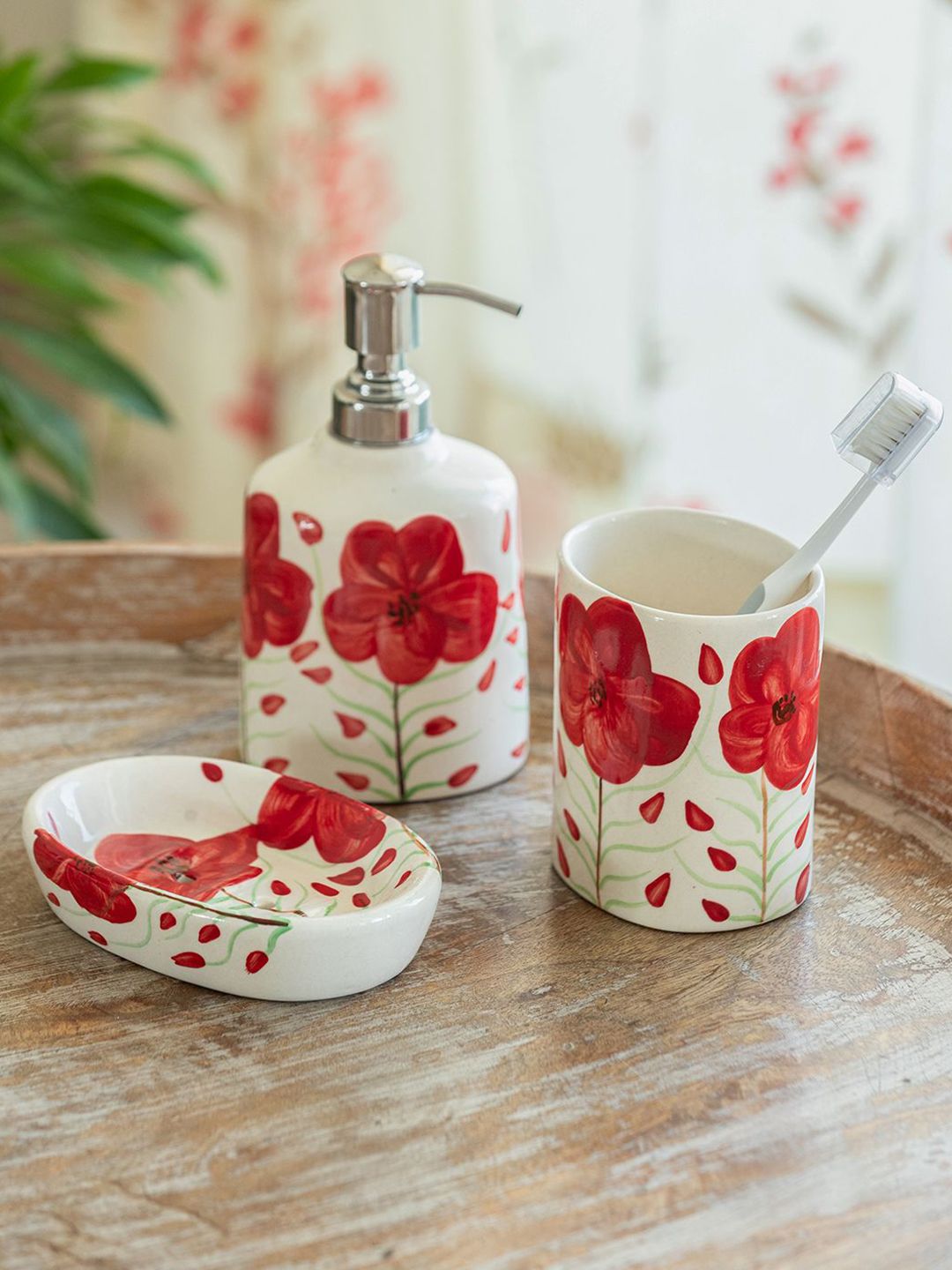 ExclusiveLane White & Red 3 Pieces Floral Ceramic Bath Accessories Set-picture-26