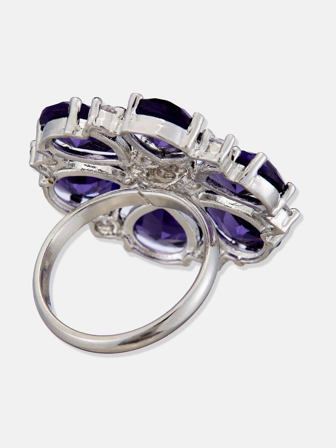 ATIBELLE Set Of 2 Silver-Plated Cubic Zirconia Stone Studded adjustable Finger Ring