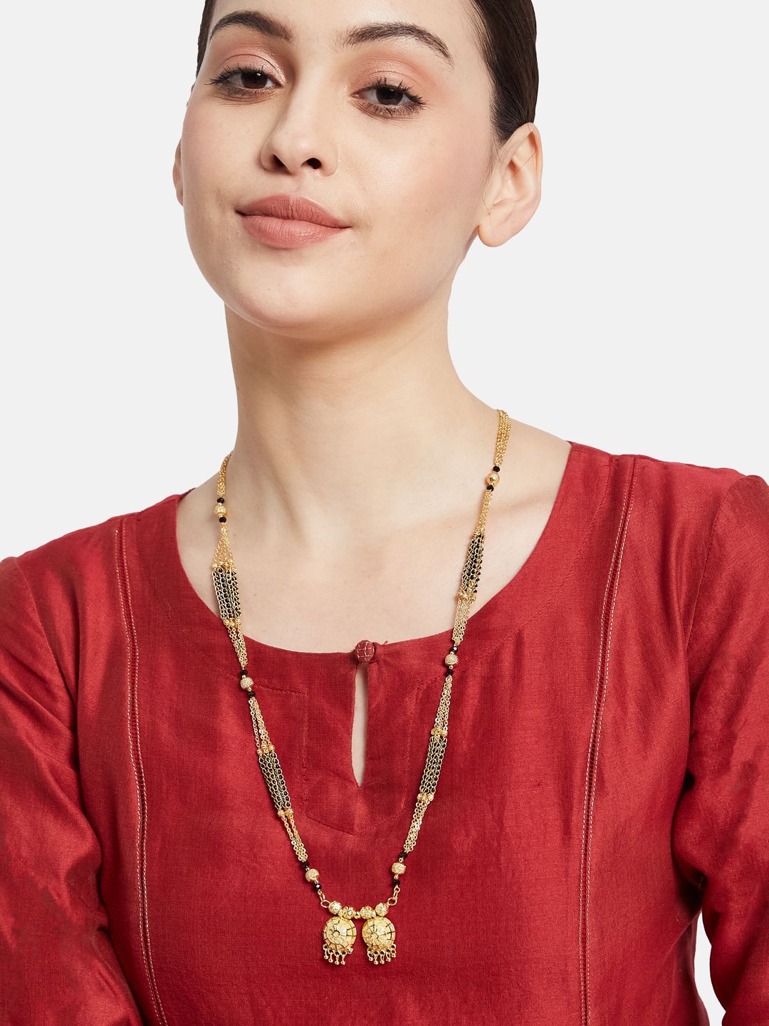 ATIBELLE Set of 2 Gold-Plated Cubic Zirconia Stones Studded and Beaded Mangalsutras