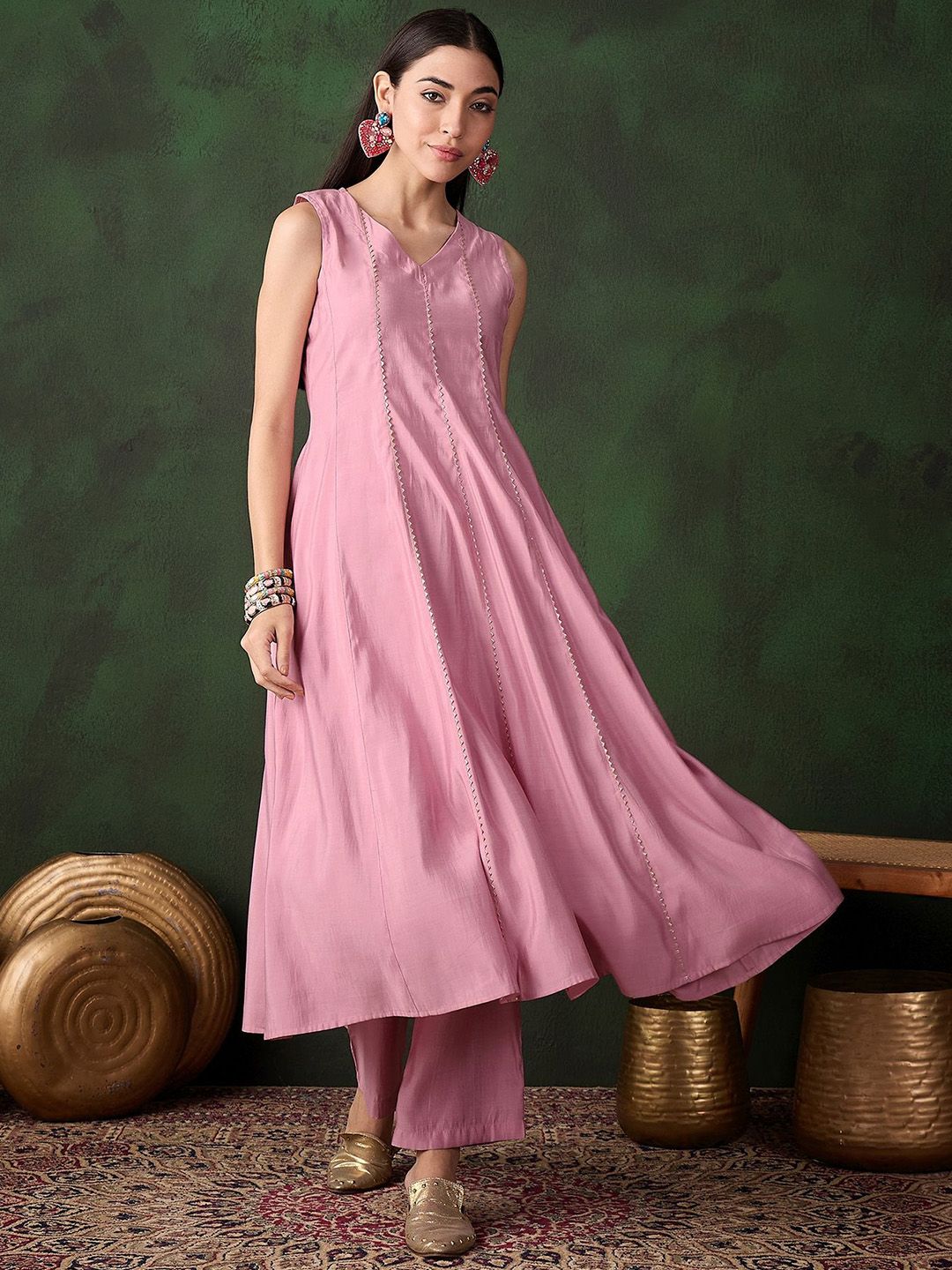 Sangria V-Neck Gotta Patti Straight Kurta With Trousers