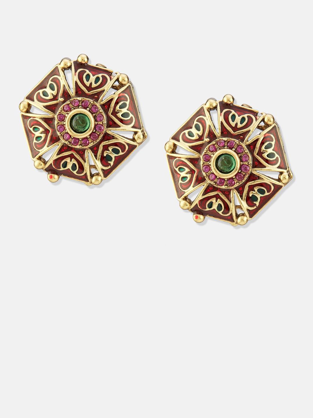 ATIBELLE Set Of 2 Gold-Plated Cubic Zirconia Studded Floral Shaped Meenakari Studs