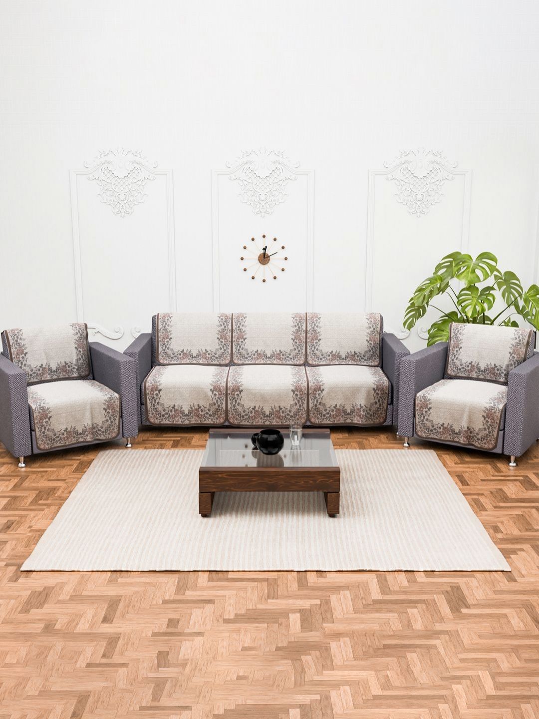 Myntra Elegant Homes Cream-Coloured & Brown Printed Cotton Sofa Cover-image-23