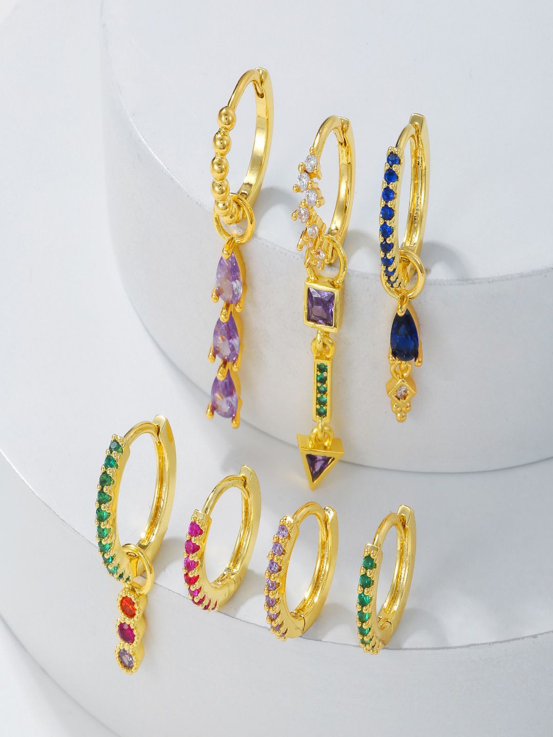AQUASTREET Set Of 7 18K Gold-Plated Zircon Studded Circular Shaped Hoop Earrings-picture-32