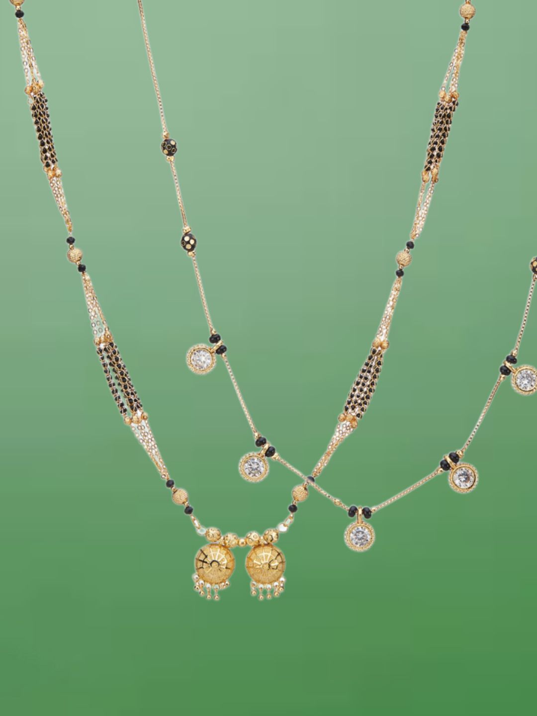 ATIBELLE Set of 2 Gold-Plated Cubic Zirconia Stones Studded and Beaded Mangalsutras