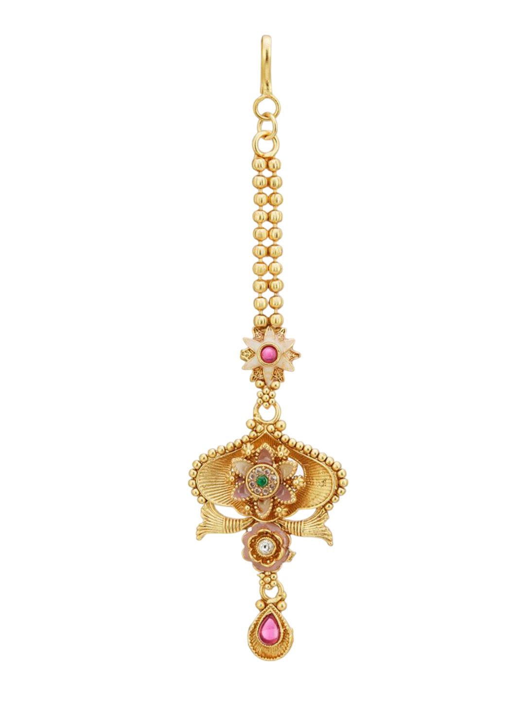 ATIBELLE Set Of 2 Gold-Plated Artificial Stones Studded & Beaded Maang Tikka