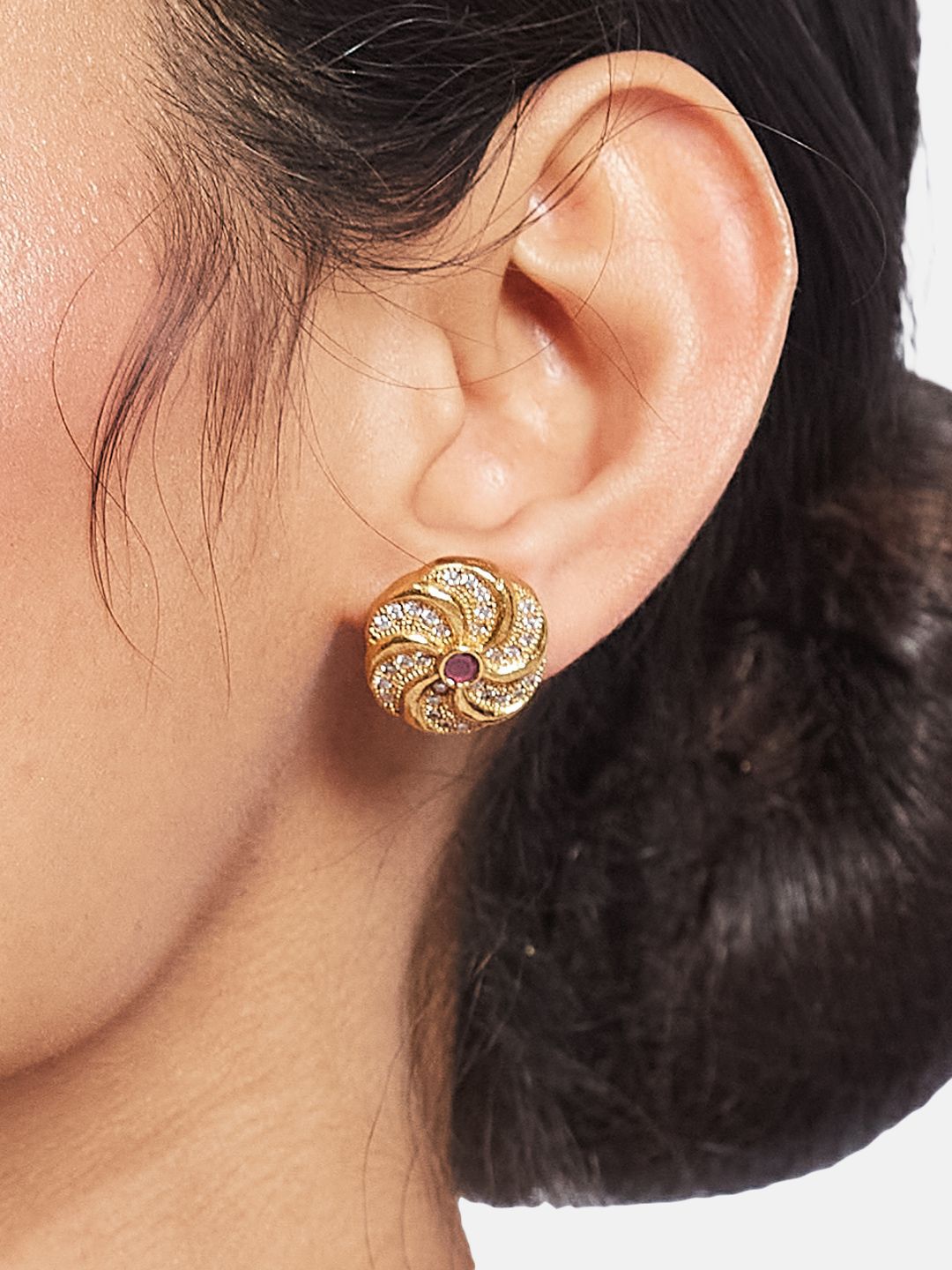 ATIBELLE Set Of 2 Gold-Plated Cubic Zirconia Studded Floral Shaped Meenakari Studs