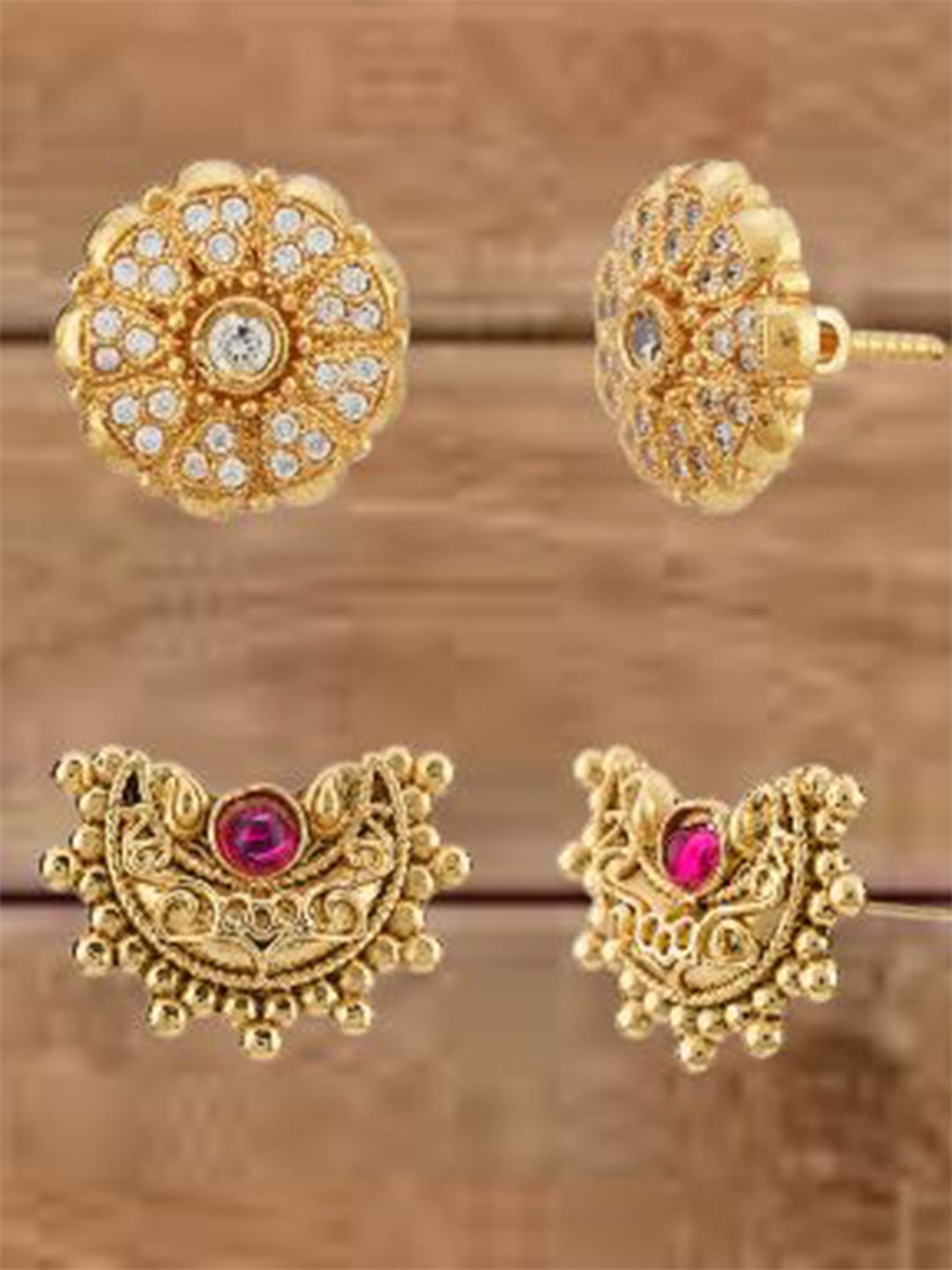 ATIBELLE Set Of 2 Gold-Plated Cubic Zirconia Studded Floral Shaped Studs