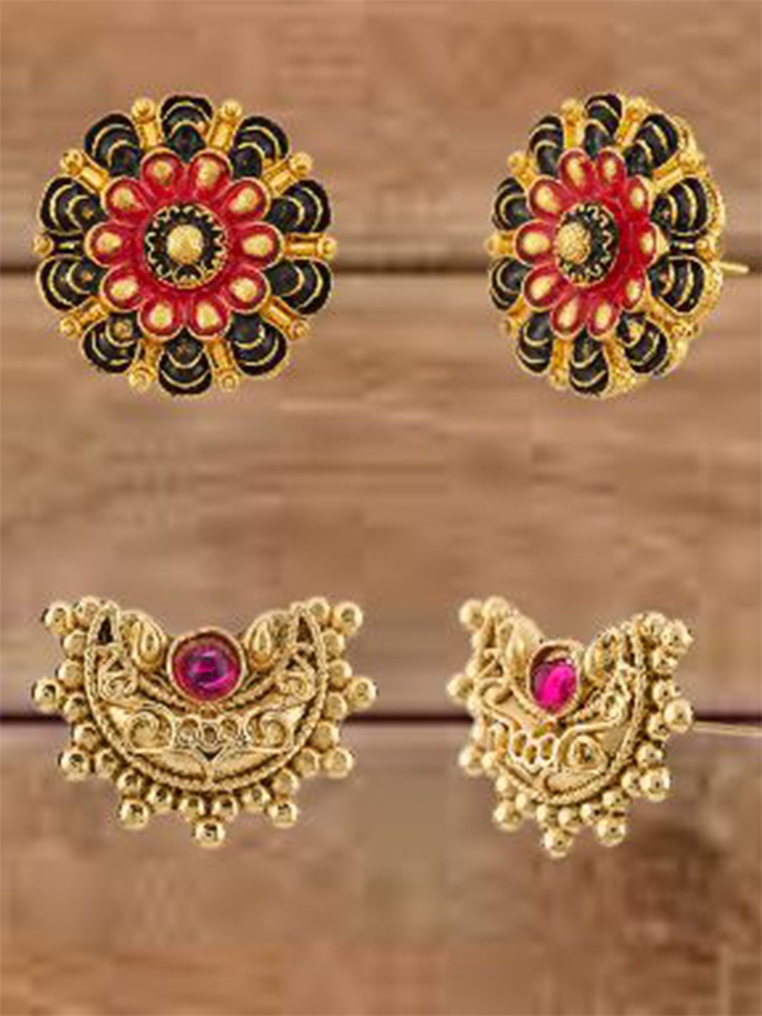 ATIBELLE Set Of 2 Gold-Plated Artificial Stones Studded Floral Shaped Studs