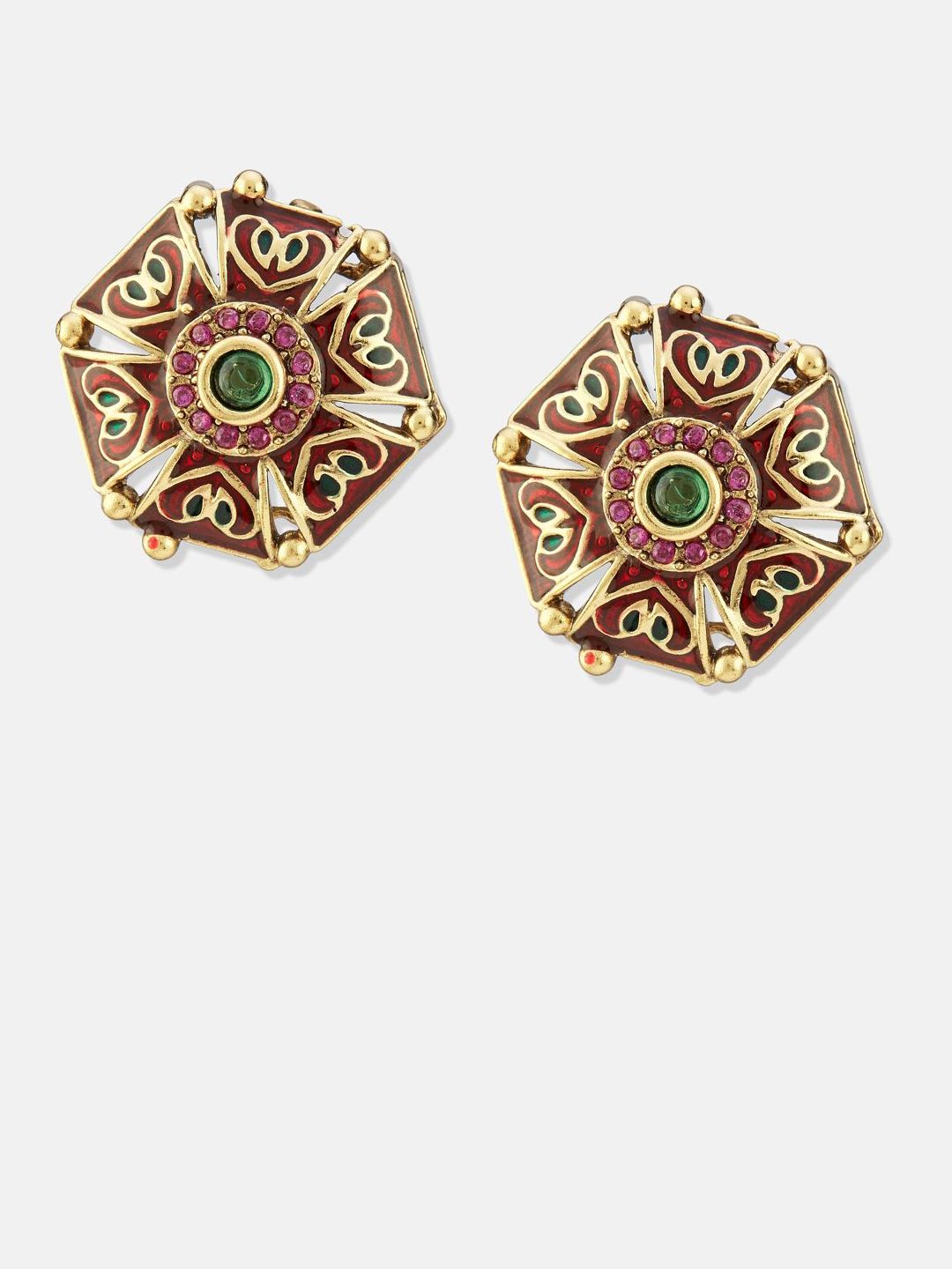 ATIBELLE Set Of 2 Gold-Plated Cubic Zirconia Studded Floral Shaped Meenakari Studs