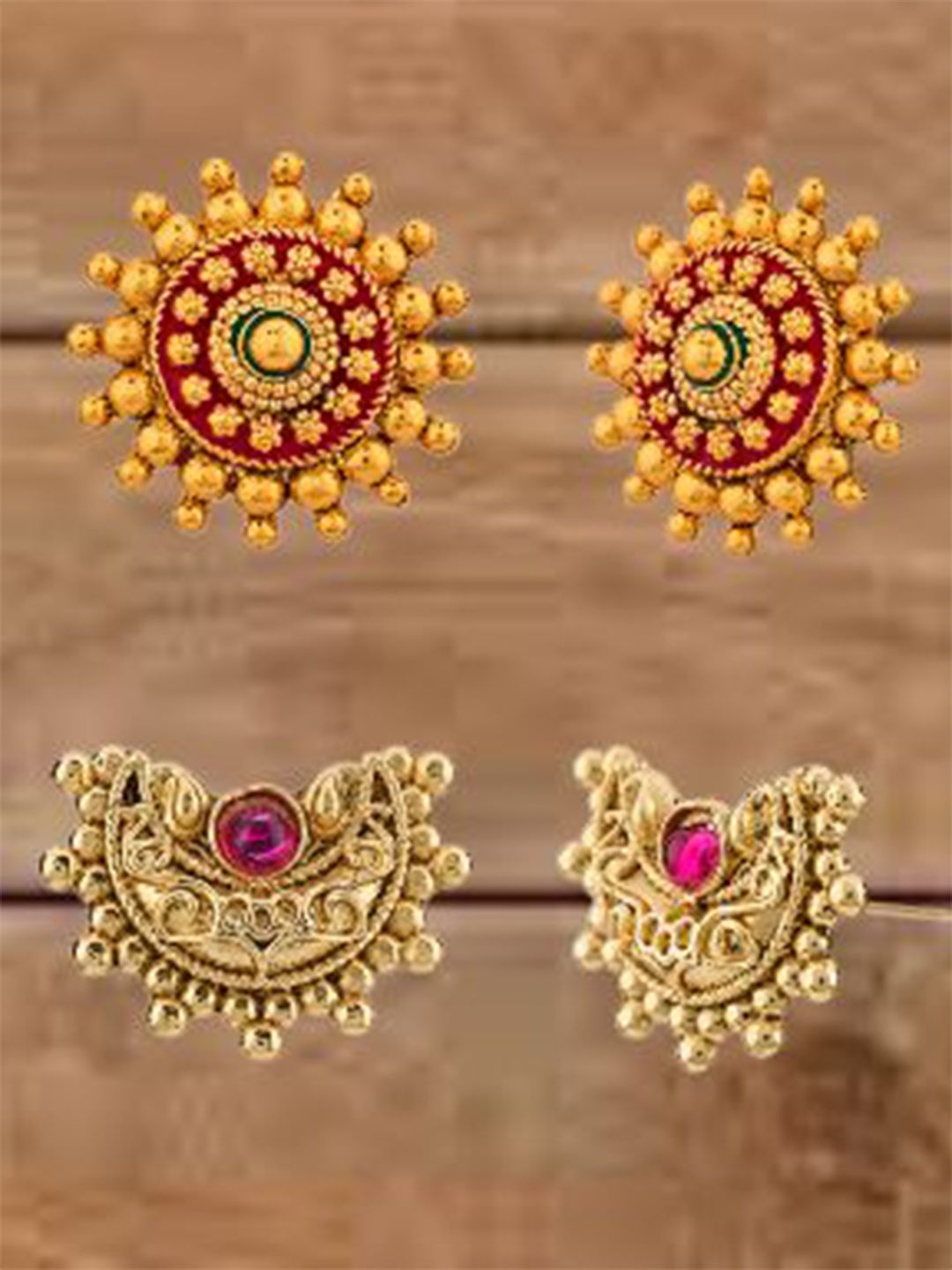 ATIBELLE Set Of 2 Gold-Plated Artificial Stones Studded Crescent Shaped Meenakari Studs