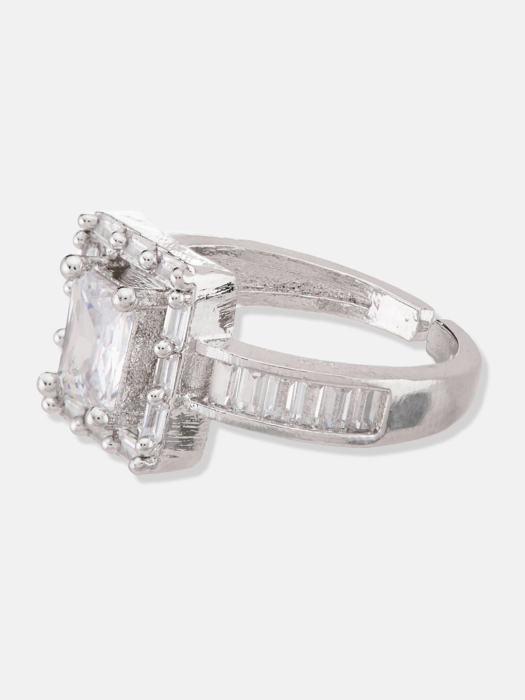 ATIBELLE Set Of 2 Silver-Plated Cubic Zirconia Stone Studded Adjustable Finger Ring