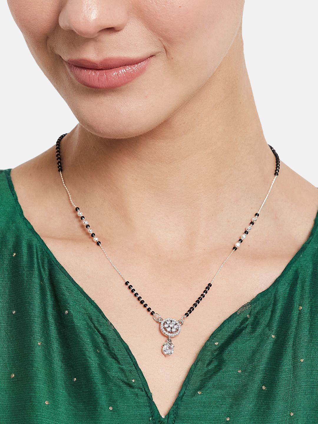 ATIBELLE Set of 2 Gold-Plated Cubic Zirconia Stones Studded and Beaded Mangalsutras