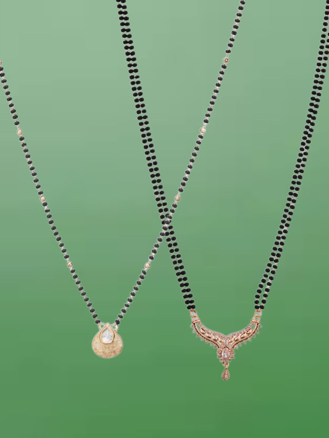 ATIBELLE Set of 2 Gold-Plated Cubic Zirconia Stones Studded and Beaded Mangalsutras