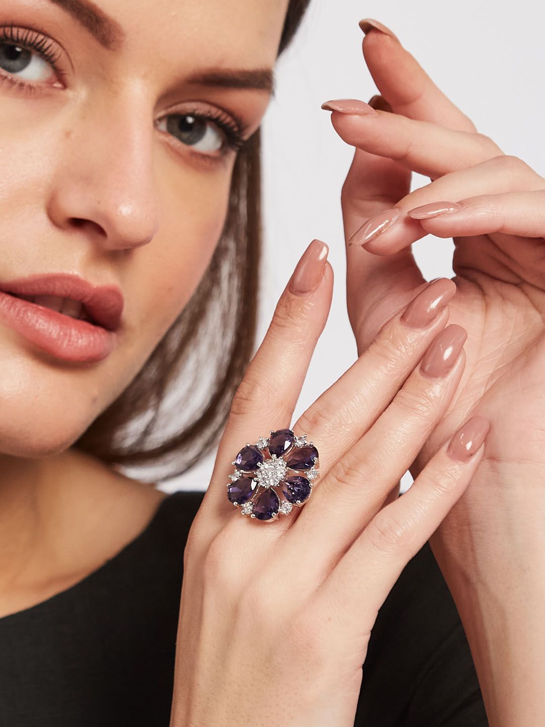 ATIBELLE Set Of 2 Silver-Plated Cubic Zirconia Stone Studded Adjustable Finger Ring
