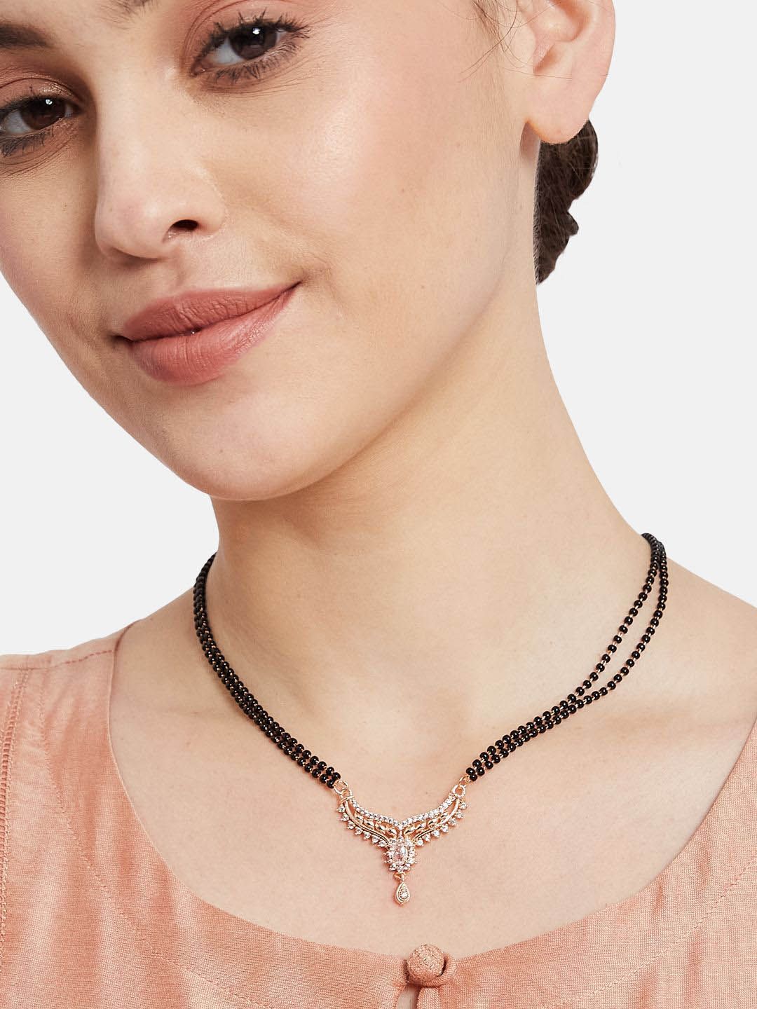 ATIBELLE Set of 2 Gold-Plated Cubic Zirconia Stones Studded and Beaded Mangalsutras