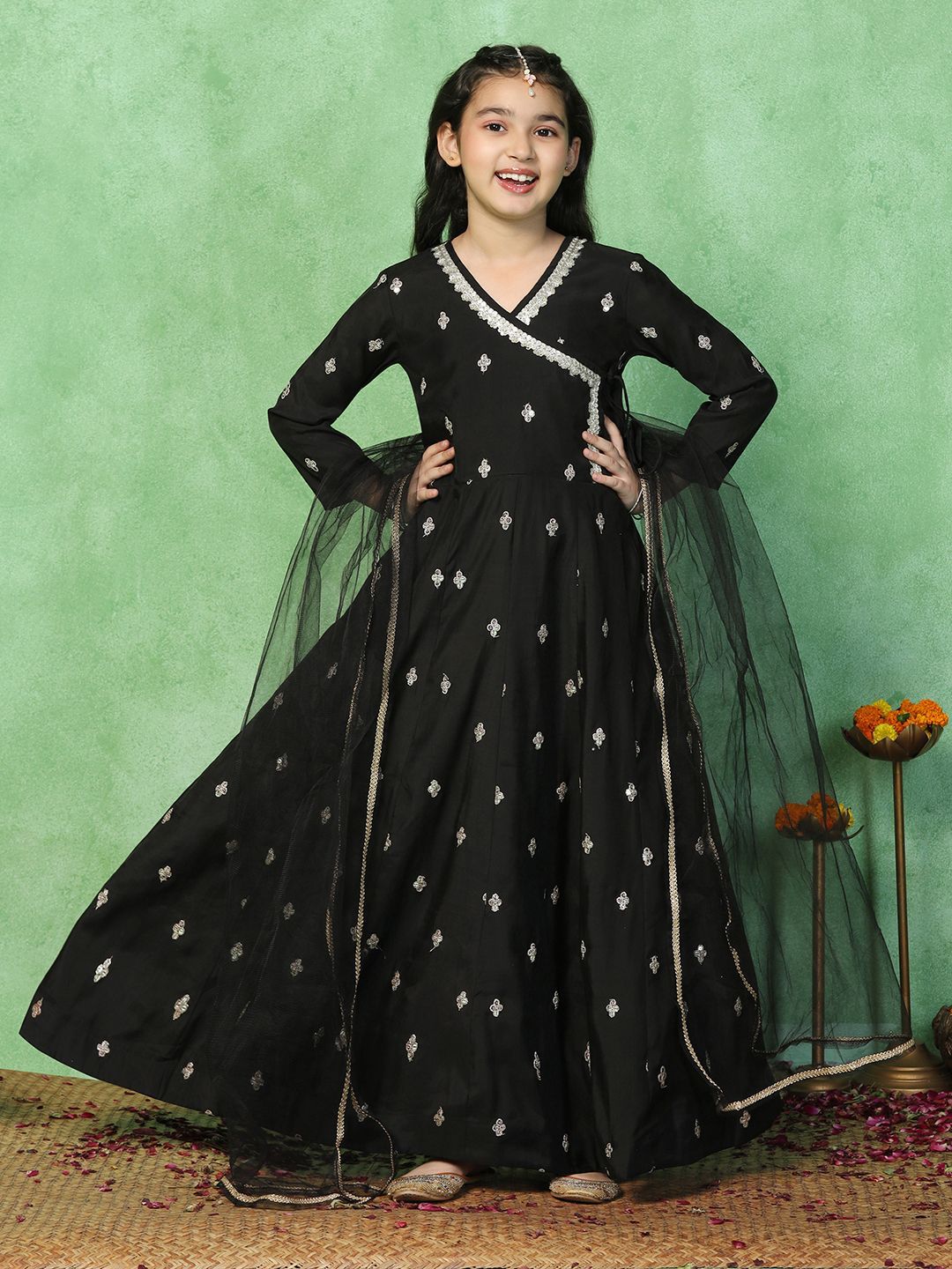 Sangria Girls Embroidered Maxi Dress With Dupatta-picture-25