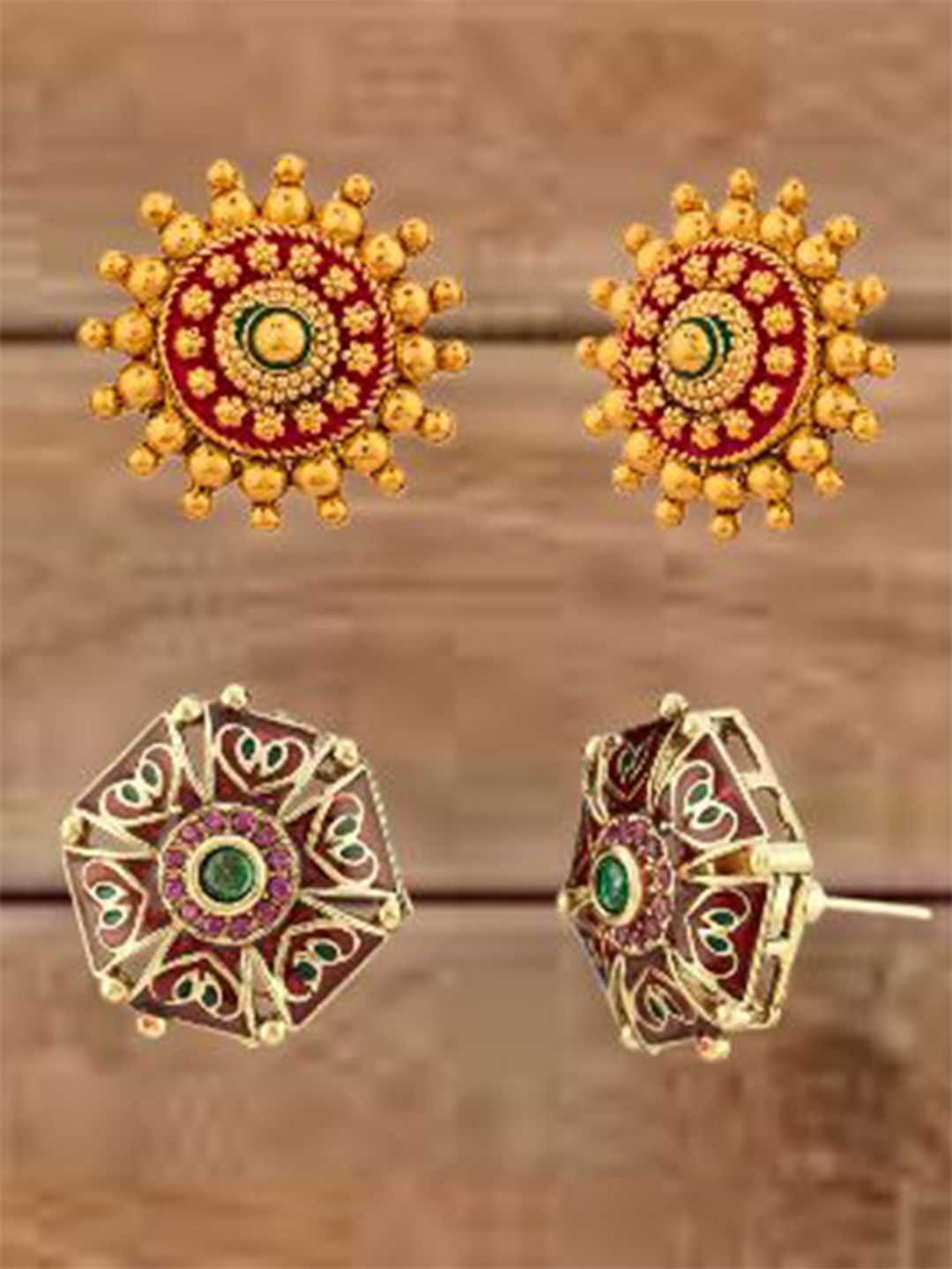 ATIBELLE Set Of 2 Gold-Plated Cubic Zirconia Studded Floral Shaped Meenakari Studs
