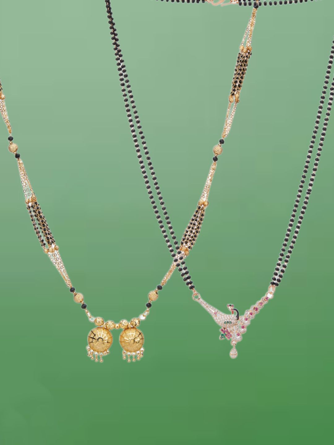ATIBELLE Set of 2 Gold-Plated Cubic Zirconia Stones Studded and Beaded Mangalsutras