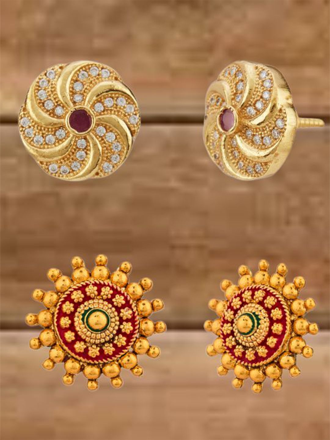 ATIBELLE Set Of 2 Gold-Plated Cubic Zirconia Studded Floral Shaped Meenakari Studs