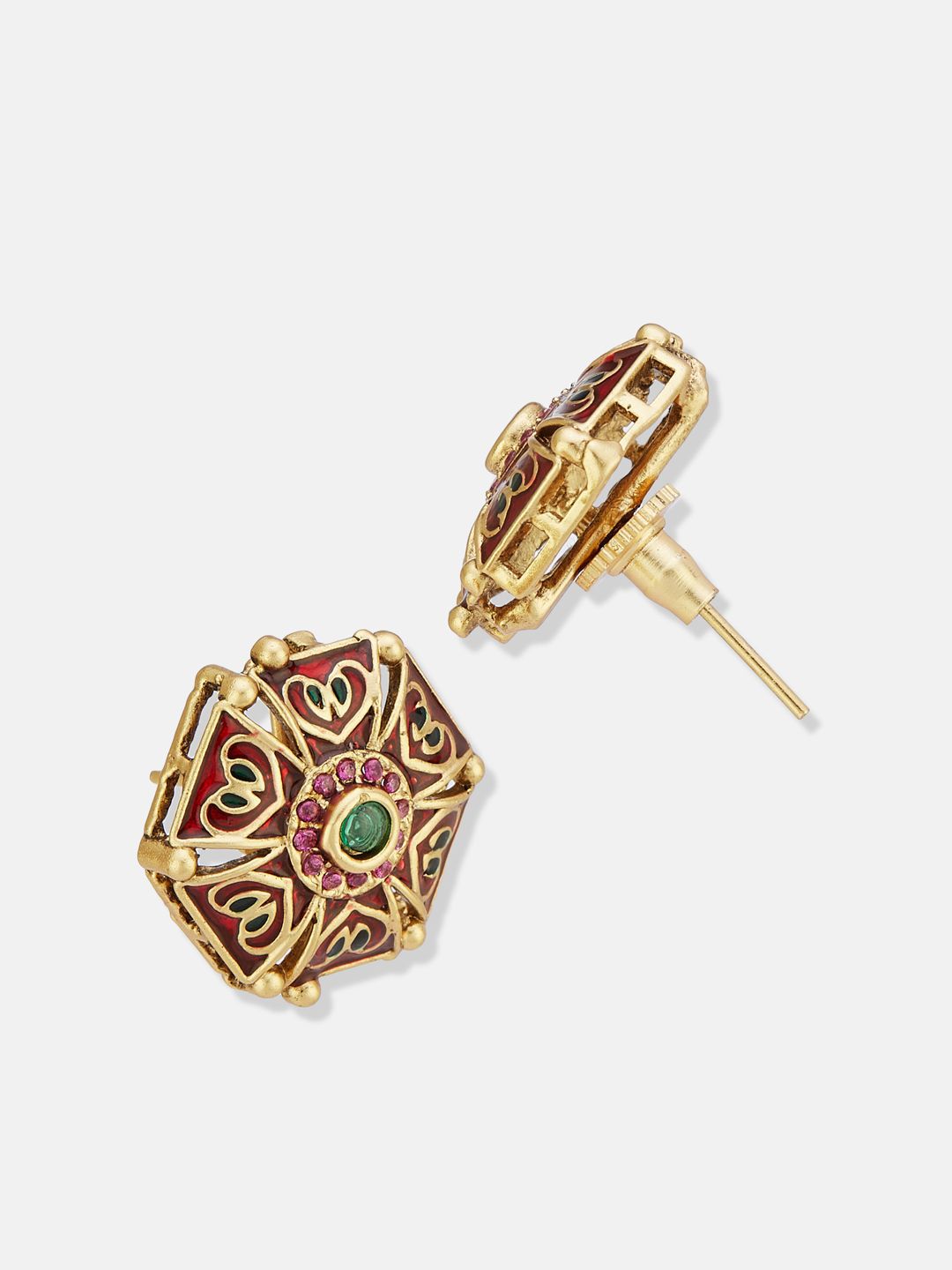 ATIBELLE Set Of 2 Gold-Plated Cubic Zirconia Studded Floral Shaped Meenakari Studs