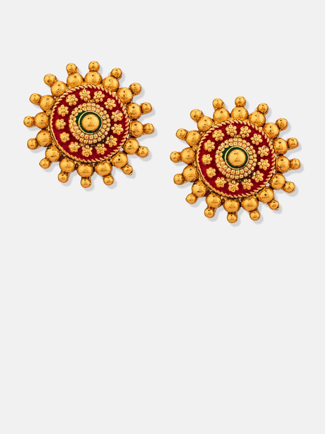 ATIBELLE Set Of 2 Gold-Plated Artificial Stones Studded Crescent Shaped Meenakari Studs
