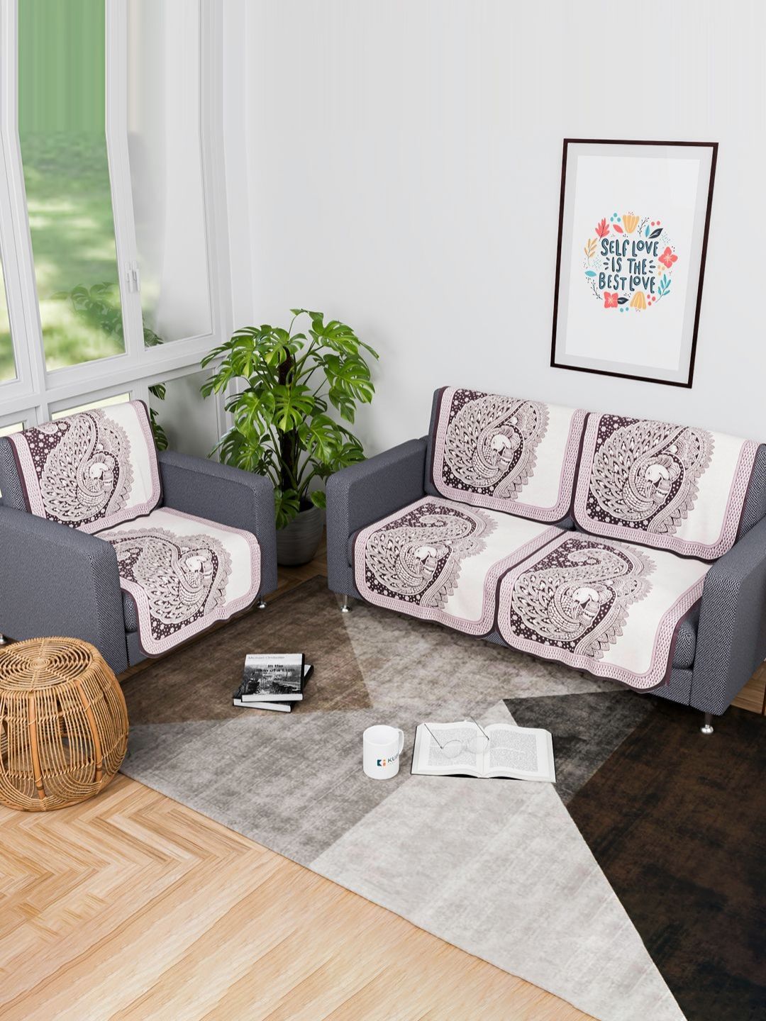 Myntra Elegant Homes Purple & White 6 Pieces 3 Seater Cotton Sofa Cover-picture-27