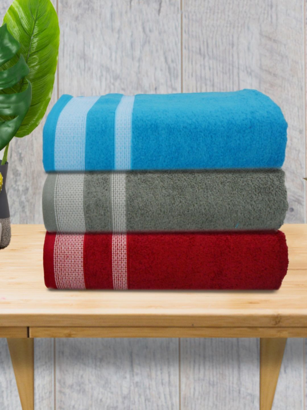 Myntra Elegant Homes Maroon & Grey 3 Piece Striped Cotton 400 GSM Towel Set-picture-37
