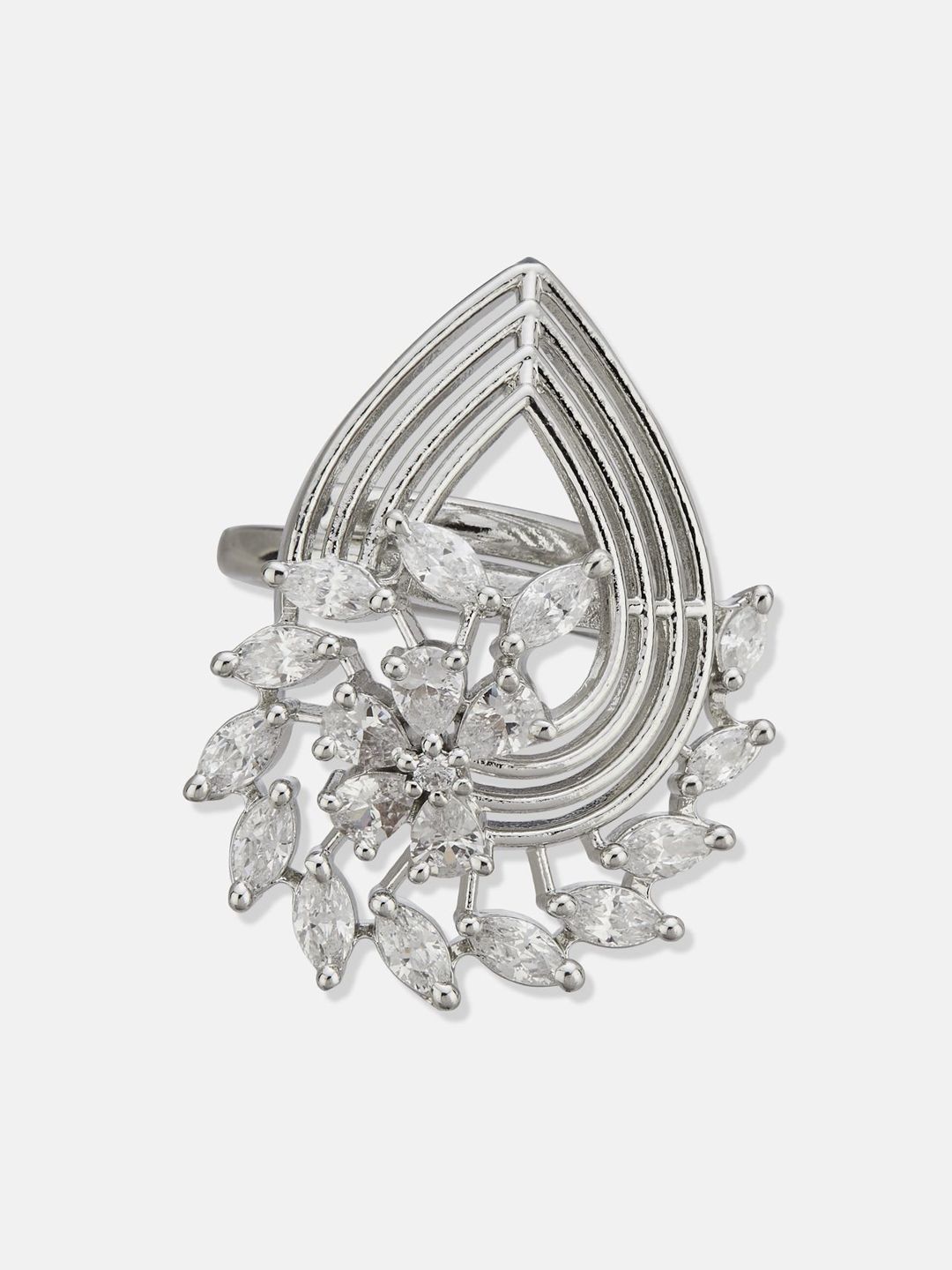 ATIBELLE Set Of 2 Silver-Plated Cubic Zirconia Stone Studded Adjustable Finger Ring