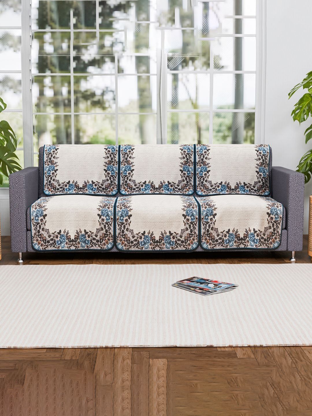Myntra Elegant Homes Cream & Blue 6 Pieces 3 Seater Cotton Sofa Cover-picture-41