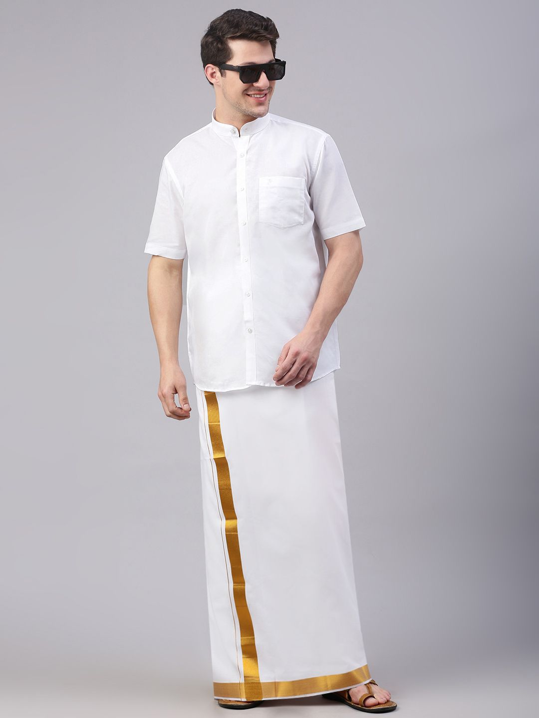 Men's Yellow Mandarin Collar Roll-Up Sleeves Cotton Straight Shirt