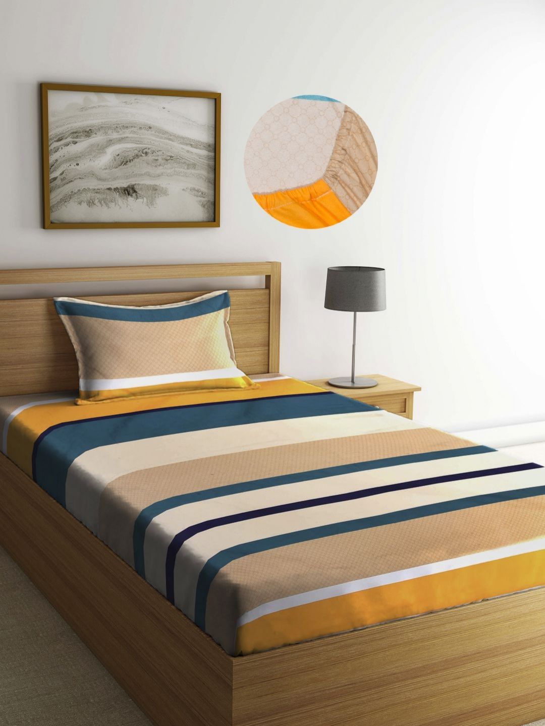 Aura Cream-Coloured & White Striped 350 TC Single Bedsheet with 1 Pillow Covers-picture-20