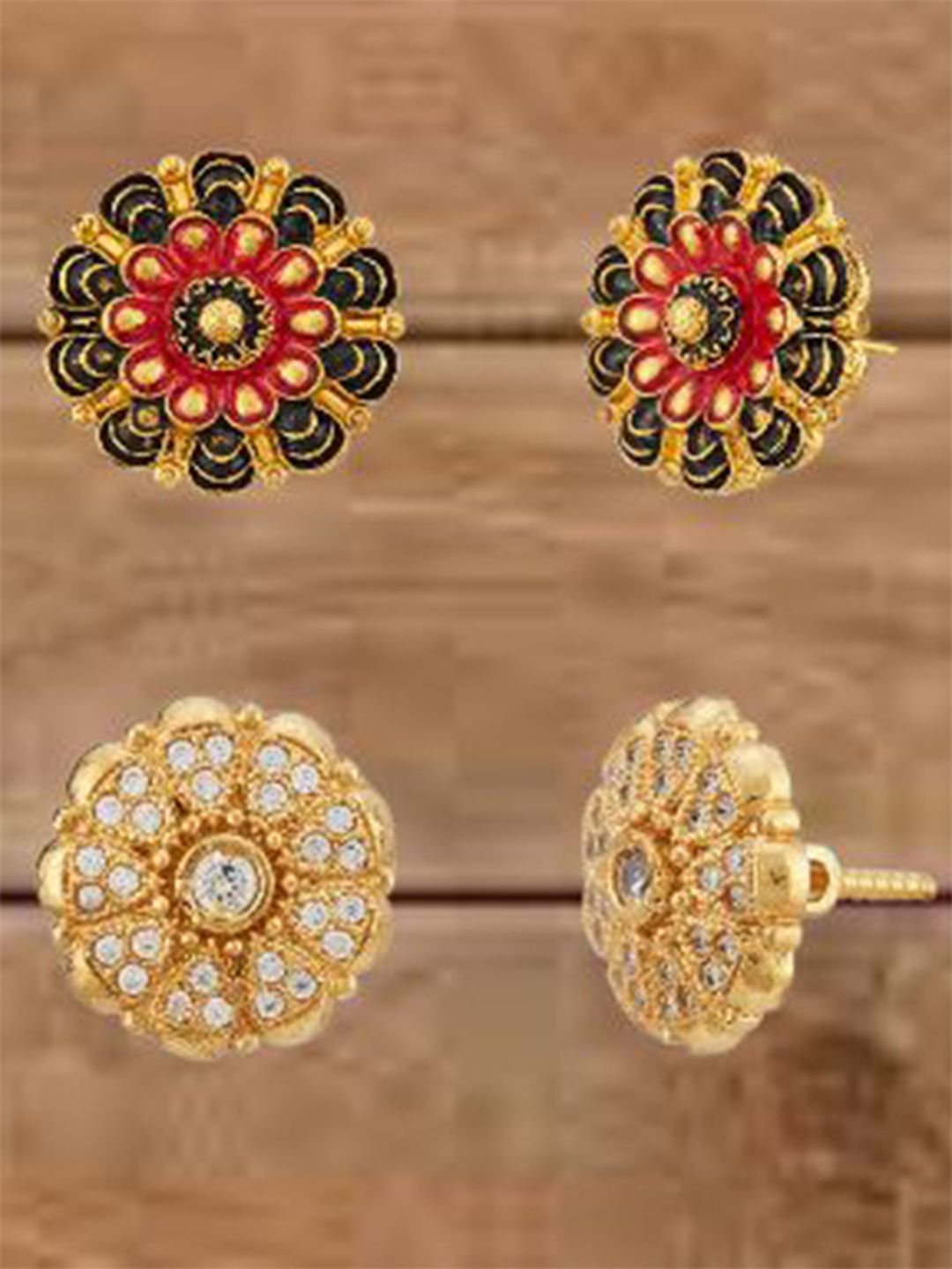 ATIBELLE Set Of 2 Gold-Plated Cubic Zirconia Studded Floral Shaped Meenakari Studs