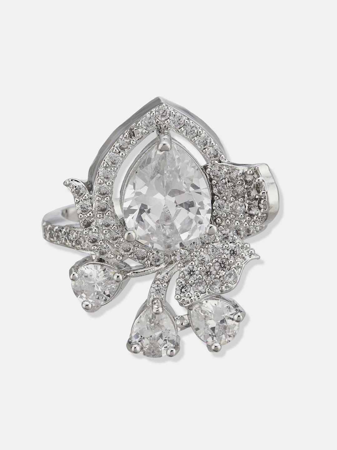ATIBELLE Set Of 2 Silver-Plated Cubic Zirconia Stone Studded Adjustable Finger Ring